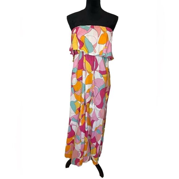 NWT JAPNA STRAPLESS MAXI DRESS FLUTTER TOP GEOMETRIC SUMMER PRINT WOMEN XS - Picture 8 of 12